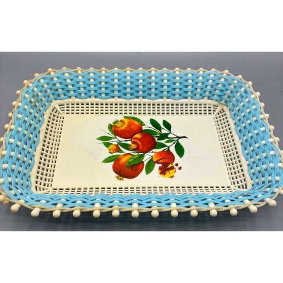 Vtg Plastona Rectangular Plastic Basket Serving Tray Blue Fruit - Picture 2 of 6